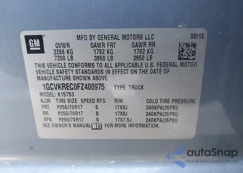 2015 Chevrolet Silverado 1500 1Lt from USA, damaged, VIN 1GCVKREC0FZ400975